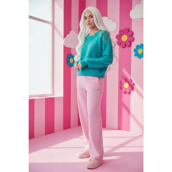 1980s Beaded Sequin CASHMERE Sweater Sz Small Aqua Green Round Neck Barbiecore - Picture 4 of 16